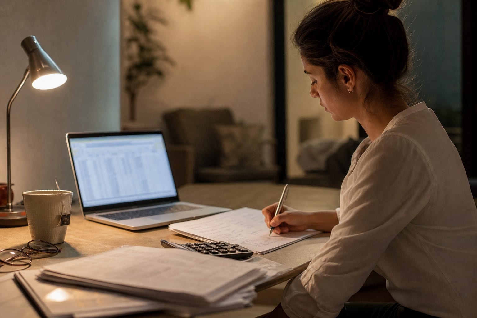 Mesa doméstica de nutricionista à noite com notebook, papéis anotados e calculadora