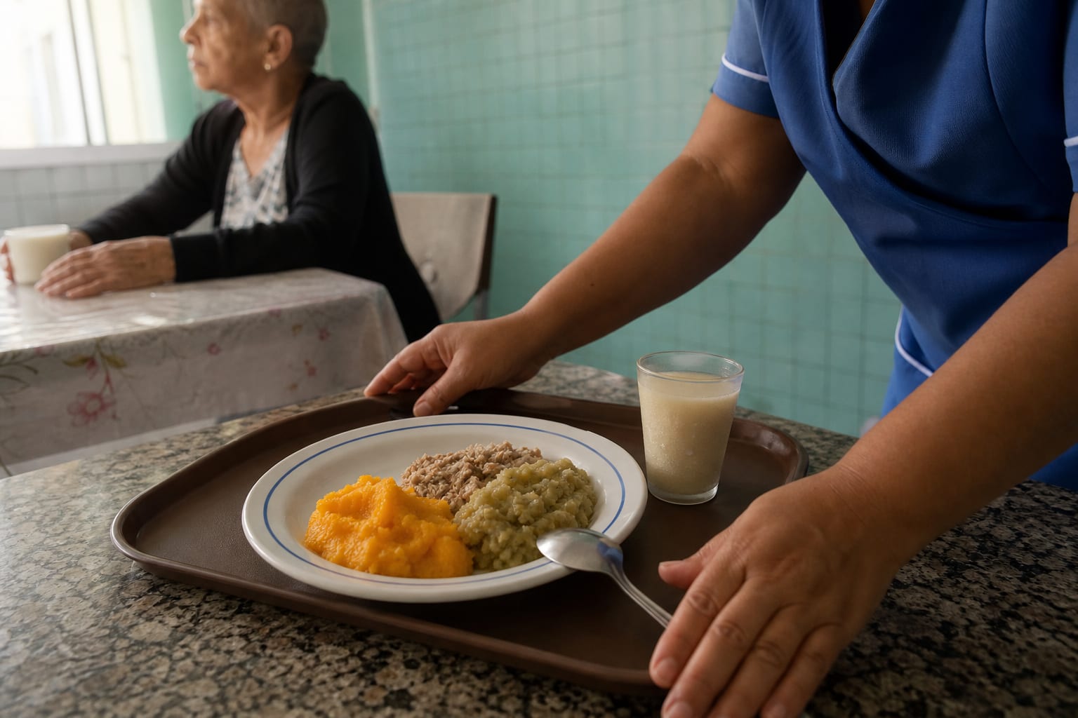 Bandeja com refeição de consistência modificada servida em prato de louça de refeitório