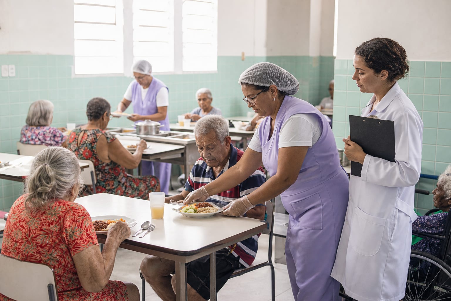 Refeitório de casa de repouso durante o almoço, com cuidadoras servindo e nutricionista observando