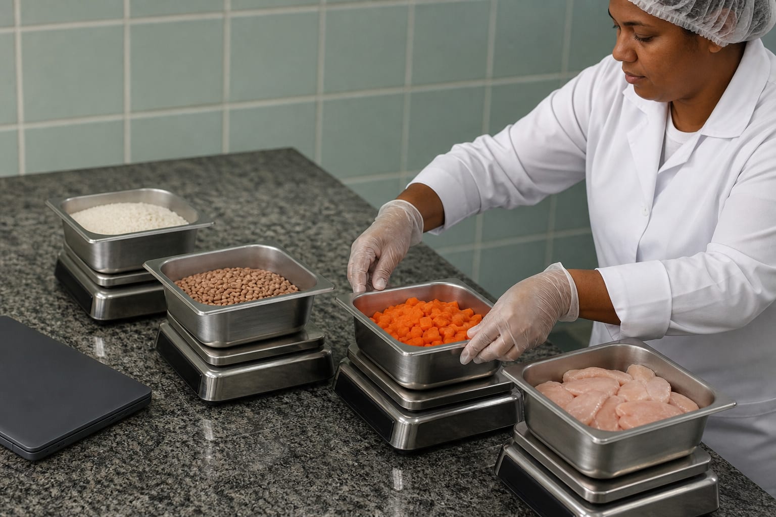Porções cruas de arroz, feijão, cenoura e frango separadas em cubas de aço ao lado de balança