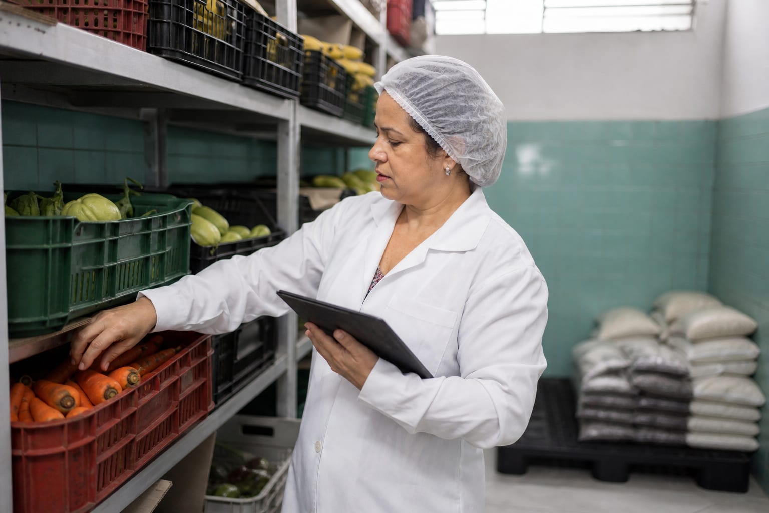 Nutricionista de jaleco e touca confere caixas de hortifruti na despensa de uma casa de repouso
